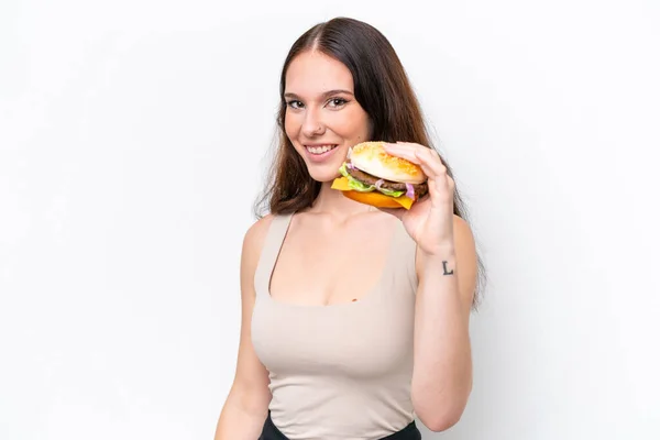 Jeune Femme Caucasienne Tenant Hamburger Isolé Sur Fond Blanc Avec — Photo