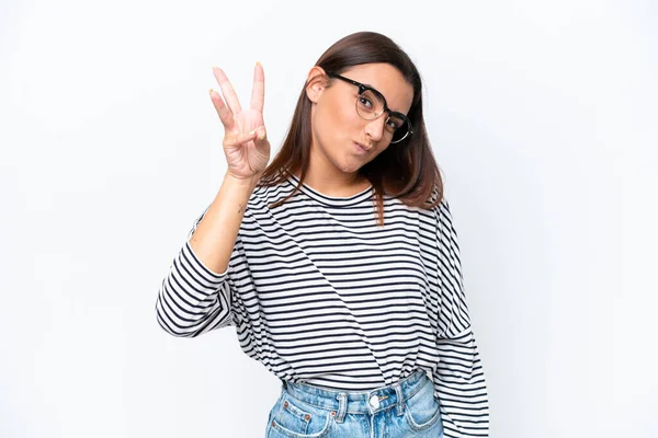 Young Caucasian Woman Isolated White Background Happy Counting Three Fingers — Stock Photo, Image