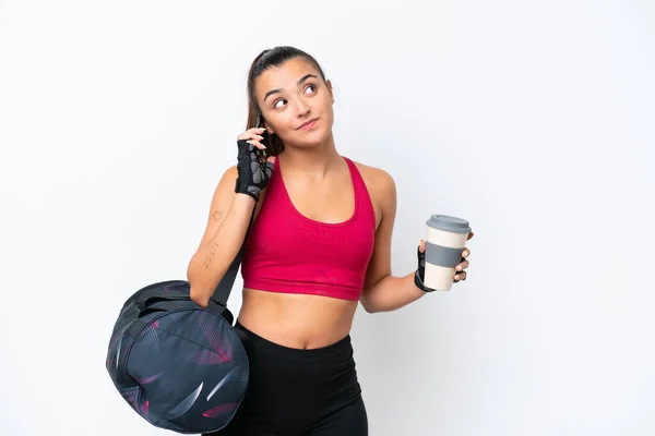Young Sport Woman Sport Bag Isolated White Background Holding Coffee — Photo