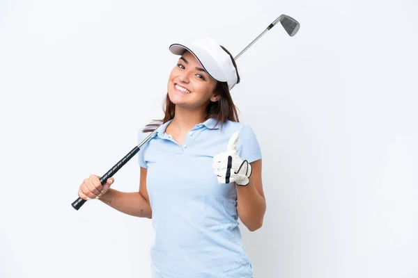 Mladá Běloška Hraje Golf Izolované Bílém Pozadí Dává Palce Nahoru — Stock fotografie