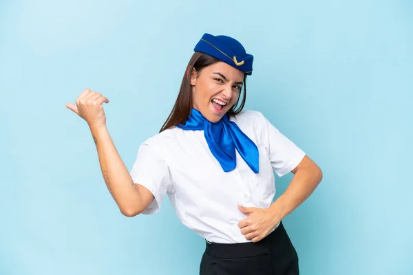 Stewardessa Samolot Kaukaska Kobieta Izolowane Niebieskim Tle Gitara Gest — Zdjęcie stockowe