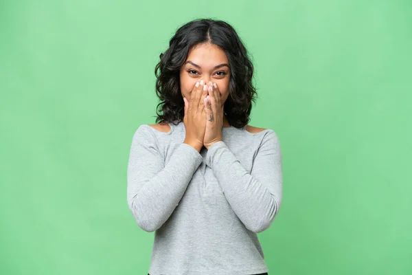 stock image Young Argentinian woman over isolated background happy and smiling covering mouth with hands