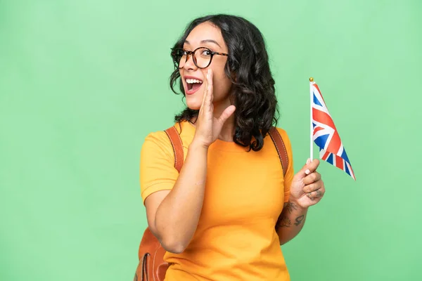 Young Argentinian Woman Holding United Kingdom Flag Isolated Background Whispering — Stock Photo, Image