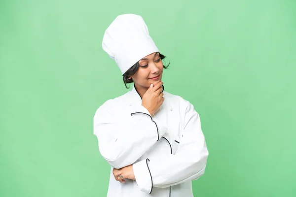Jovem Chef Mulher Argentina Sobre Fundo Isolado Olhando Para Lado — Fotografia de Stock