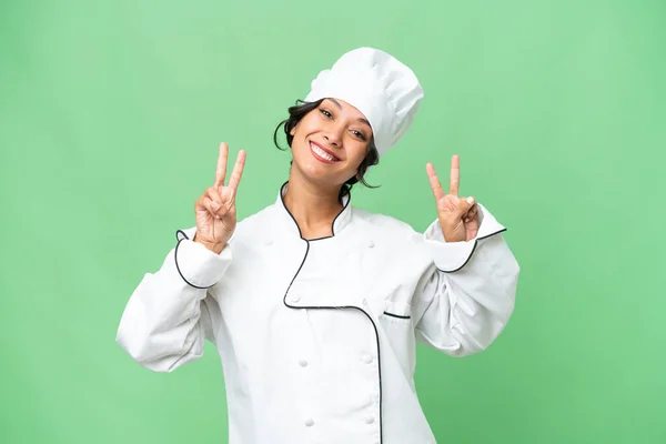 Giovane Chef Donna Argentina Sfondo Isolato Mostrando Segno Vittoria Con — Foto Stock