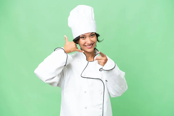 Giovane Chef Donna Argentina Sfondo Isolato Facendo Gesto Telefonico Puntando — Foto Stock