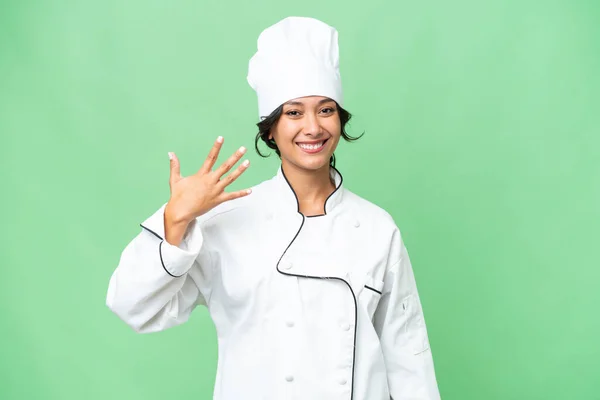 Giovane Chef Donna Argentina Sfondo Isolato Contando Cinque Con Dita — Foto Stock