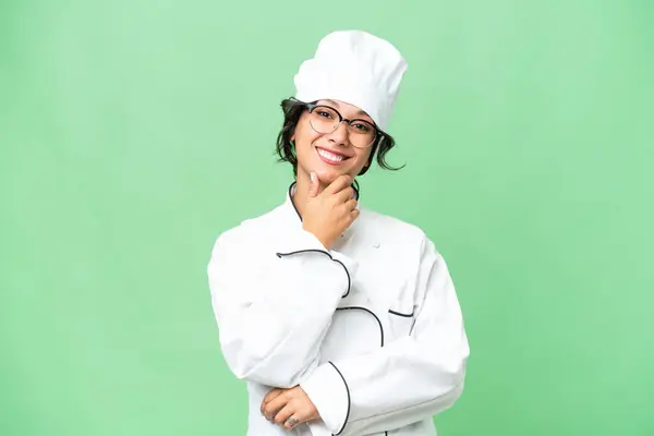Jovem Chef Argentino Mulher Sobre Fundo Isolado Com Óculos Sorrindo — Fotografia de Stock