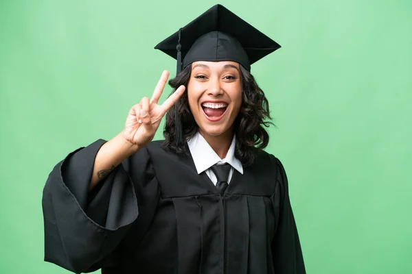 Young University Graduate Argentinian Woman Isolated Background Smiling Showing Victory — Stock Photo, Image