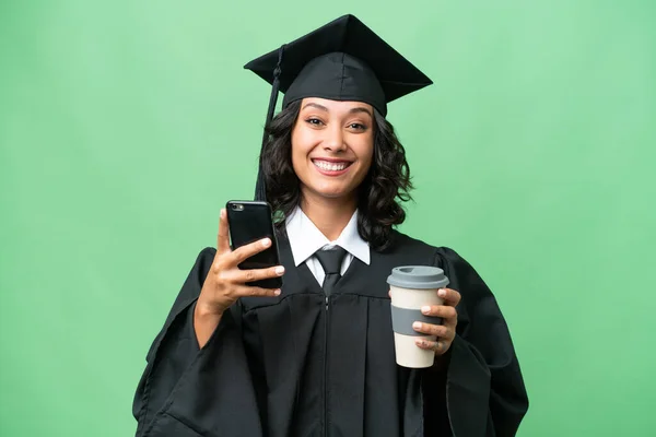 Young University Graduate Argentinian Woman Isolated Background Holding Coffee Take — Stock Photo, Image