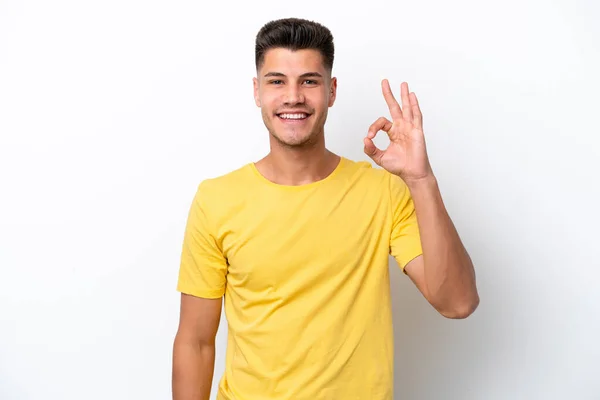 Mladý Kavkazský Muž Izolované Bílém Pozadí Ukazující Znamení Prsty — Stock fotografie