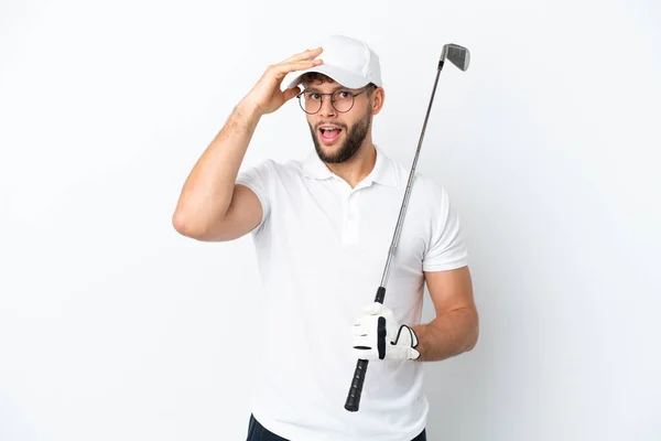 Guapo Joven Jugando Golf Aislado Sobre Fondo Blanco Haciendo Gesto — Foto de Stock
