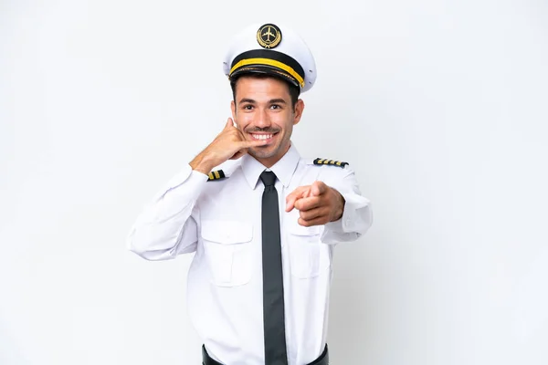 Airplane Pilot Isolated White Background Making Phone Gesture Pointing Front — 스톡 사진