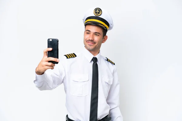 Pilote Avion Sur Fond Blanc Isolé Faisant Selfie — Photo