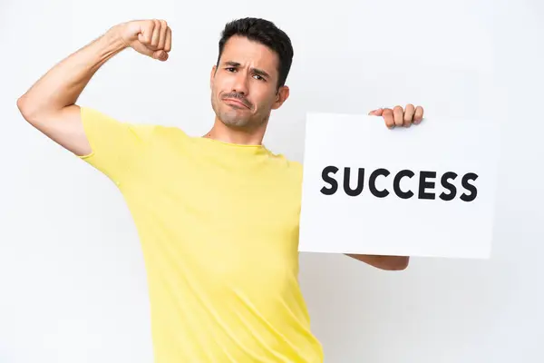Young Handsome Man Isolated White Background Holding Placard Text Success — Stock Photo, Image