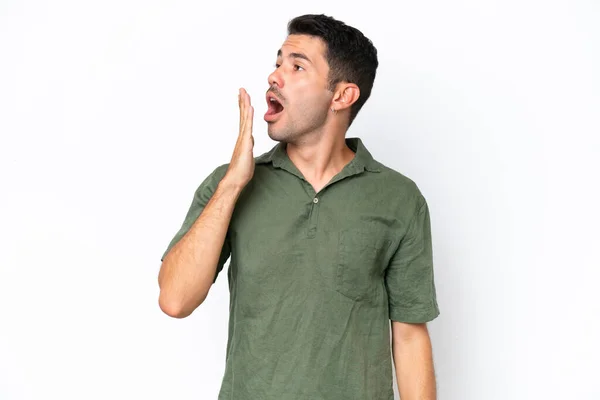 Young Handsome Man Isolated White Background Yawning Covering Wide Open — Stock Photo, Image