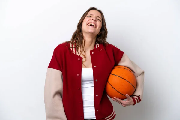 Young Caucasian Woman Playing Basketball Isolated White Background Laughing — Stock fotografie