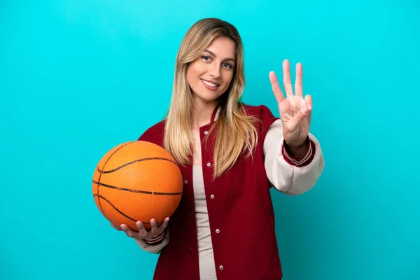 Young Caucasian Basketball Player Woman Isolated Blue Background Happy Counting — 图库照片