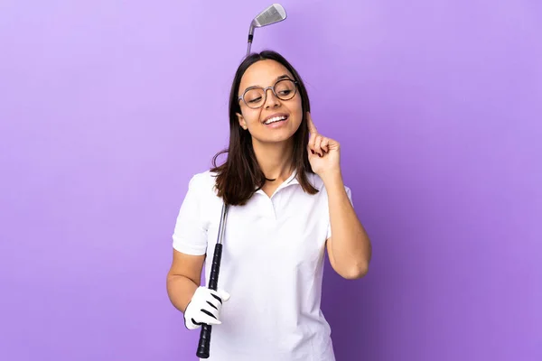 Young Golfer Woman Isolated Colorful Background Laughing — Stock Photo, Image