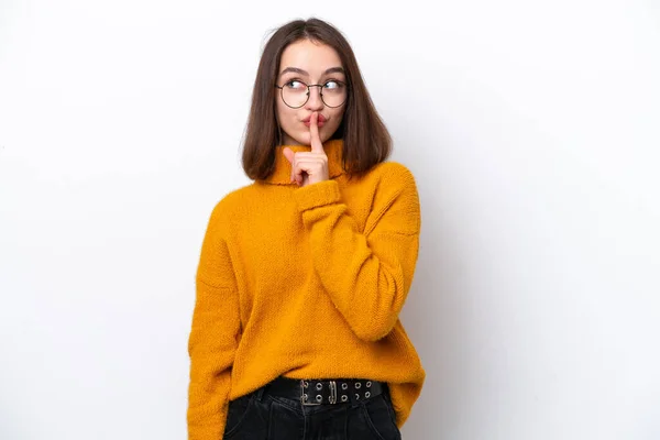 Young Ukrainian Woman Isolated White Background Showing Sign Silence Gesture — Stock Photo, Image