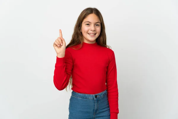 Dívka Přes Izolované Bílé Pozadí Ukazující Zvedající Prst Znamení Toho — Stock fotografie