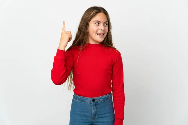 Dívka Izolovaném Bílém Pozadí Úmyslem Realizovat Řešení Zároveň Zvednout Prst — Stock fotografie