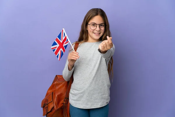 Gyermek Tartó Egyesült Királyság Zászló Felett Elszigetelt Háttér Pénzt Gesztus — Stock Fotó