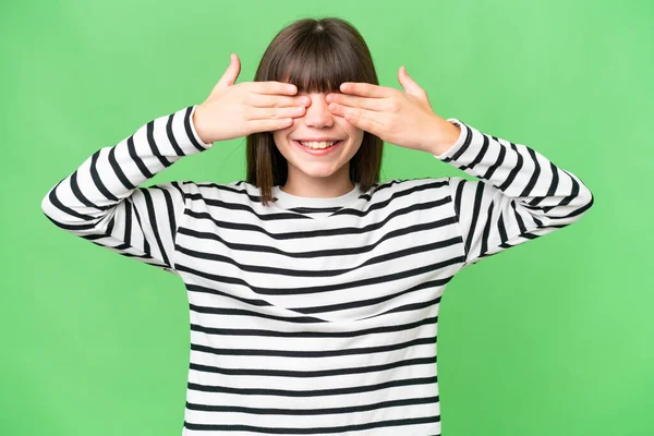 Little Caucasian Girl Isolated Background Covering Eyes Hands Smiling — Stock Photo, Image