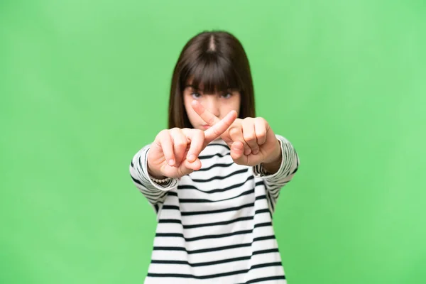 Little Caucasian Girl Isolated Background Making Stop Gesture Her Hand — Photo