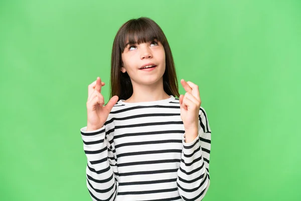 Little Caucasian Girl Isolated Background Fingers Crossing Wishing Best — Stock Photo, Image