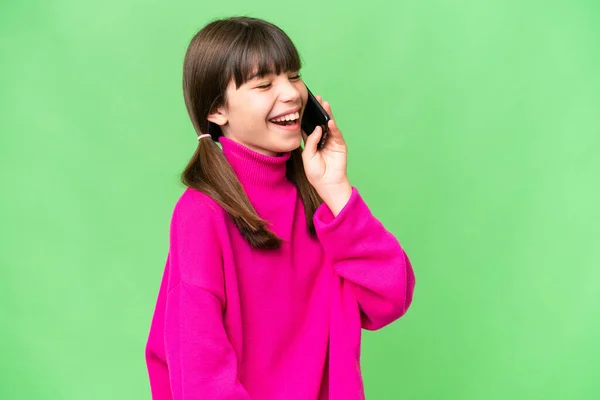 Menina Caucasiana Sobre Fundo Isolado Mantendo Uma Conversa Com Telefone — Fotografia de Stock