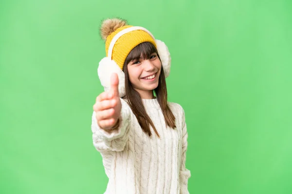 Little Caucasian Girl Wearing Winter Muffs Isolated Background Shaking Hands — Stock Photo, Image