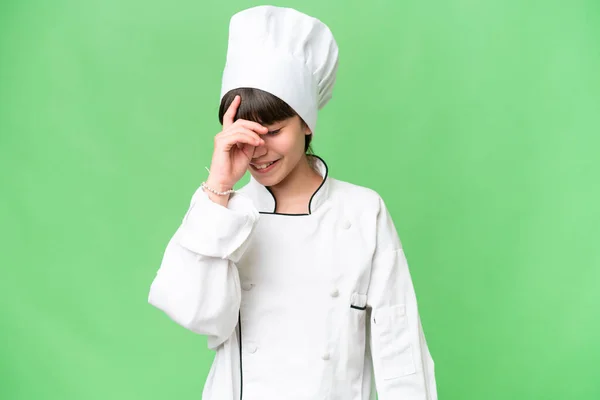 Piccolo Caucasico Chef Ragazza Oltre Isolato Sfondo Ridere — Foto Stock