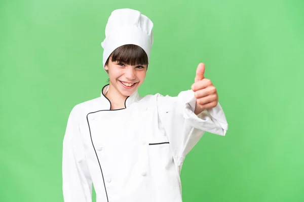 Piccola Ragazza Chef Caucasico Sfondo Isolato Dando Pollice Gesto — Foto Stock
