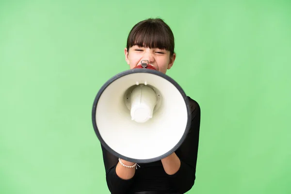 Little Caucasian Girl Medals Isolated Background Shouting Megaphone — Stock Photo, Image