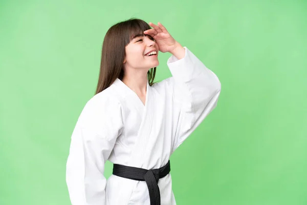 Little Caucasian Girl Doing Karate Isolated Background Has Realized Something — Stock Photo, Image