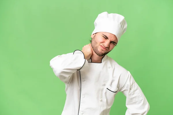 Junge Gut Aussehende Koch Mann Über Isolierten Hintergrund Mit Nackenschmerzen — Stockfoto