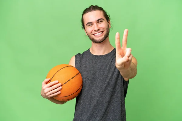 Young Basketball Player Man Isolated Background Smiling Showing Victory Sign — Stock Photo, Image