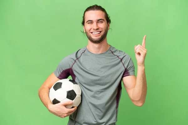 Giovane Giocatore Calcio Bello Uomo Sfondo Isolato Mostrando Alzando Dito — Foto Stock