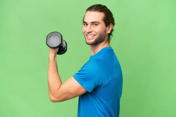 Young Handsome Man Isolated Green Chroma Background Making Weightlifting — Stock Photo, Image