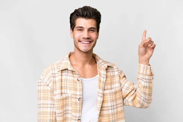 Young Handsome Caucasian Man Isolated White Background Happy Pointing — Foto de Stock