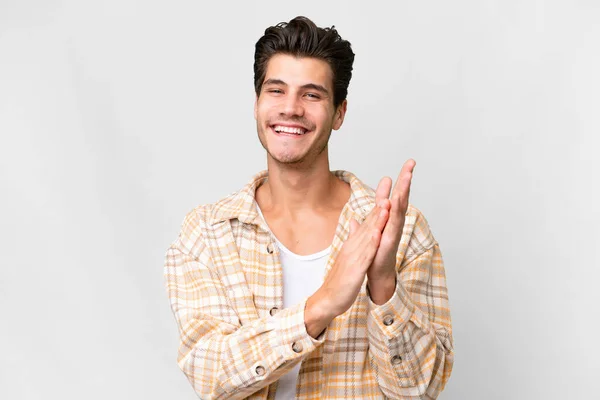 Young Handsome Caucasian Man Isolated White Background Applauding Presentation Conference —  Fotos de Stock