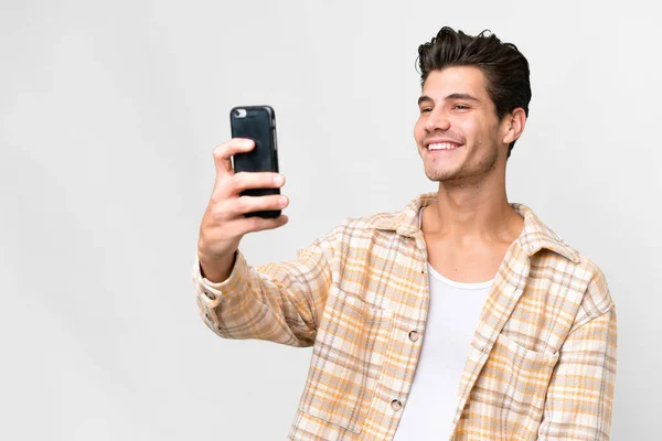 Young Handsome Caucasian Man Isolated White Background Making Selfie — Stockfoto