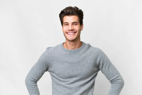 Young Handsome Caucasian Man Isolated White Background Posing Arms Hip — Stock Photo, Image