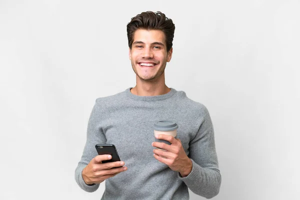 Jonge Knappe Blanke Man Geïsoleerde Witte Achtergrond Met Koffie Mee — Stockfoto
