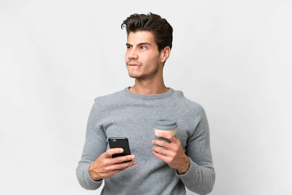 Young Handsome Caucasian Man Isolated White Background Holding Coffee Take — Stock Photo, Image