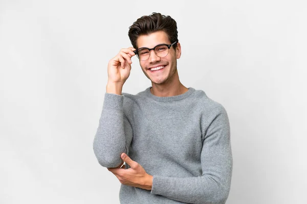 Young Handsome Caucasian Man Isolated White Background Glasses Happy — Stock Photo, Image