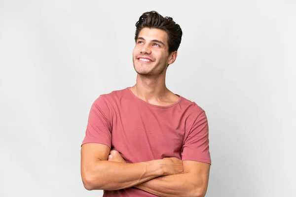 Young Handsome Caucasian Man Isolated White Background Looking While Smiling — Stok fotoğraf
