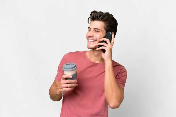 Young Handsome Caucasian Man Isolated White Background Holding Coffee Take — Stock Photo, Image