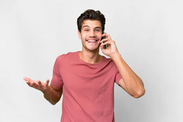Young Handsome Caucasian Man Isolated White Background Keeping Conversation Mobile — Stock Photo, Image